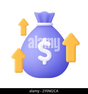 Geldbeutel mit Dollarzeichen und Wachstumspfeil. Finanz-, Banken-, Investitions- und Finanzwachstumskonzept. Symbol für 3D-Vektor. Minimaler Cartoon-Style. Stock Vektor