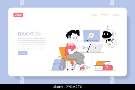 Online-Bildungskonzept. Schüler lernen mit Laptop und KI-Helfer. Engagierte digitale Kursarbeit, interaktive technische Unterstützung. Vektorabbildung. Stock Vektor