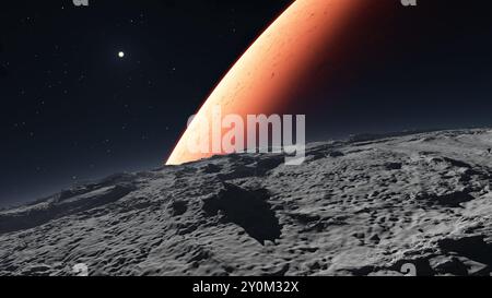 Deimos mit dem roten Planeten Mars im Hintergrund Stockfoto