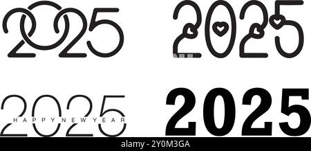 Großes Textdesign mit „Happy New Year 2025“-Logo. 2025-Nummer-Designvorlage. Sammlung von 2025 Symbolen für das frohe neue Jahr Stock Vektor