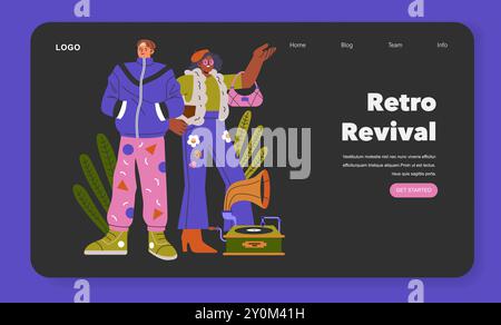 Retro-Revival-Konzept. Stilvolles junges Paar, das Vintage-Mode auf einem Website-Layout mit klassischem Musik-Player präsentiert. Vektorabbildung. Stock Vektor