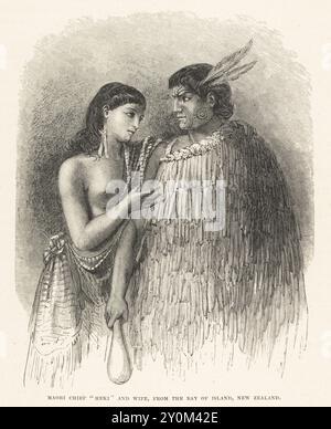 Hone Wiremu Heke Pokai und seine Frau Hariata. Hone Heke war ein Maori rangatira (Häuptling) des Ngapuhi iwi (Stamm) und ein Kriegsführer im Norden Neuseelands von 1807 bis 1850. Der Chef in Federmantel, Schläger, Gesichtstattoos. Maori-Häuptling Heki und Ehefrau aus der Bay of Island, Neuseeland. Holzschnitt aus Robert Browns The Races of Mankind, Cassell, Petter and Galpin, London, 1873. Stockfoto