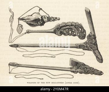 Traditionelle Maori-Waffen und -Werkzeuge, Neuseeland. Conch Trompete Putatara, geschnitzter Holzclub oder Wahaika und zeremonielle Adze Toki Poutangata, die von einem Häuptling oder Rangatira verwendet wird. Waffen der Neuseeländer. Nach einer Illustration von Sydney Parkinson in Captain James Cook's Voyage. Holzschnitt aus Robert Browns The Races of Mankind, Cassell, Petter and Galpin, London, 1873. Stockfoto