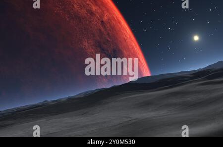Deimos mit dem roten Planeten Mars im Hintergrund Stockfoto