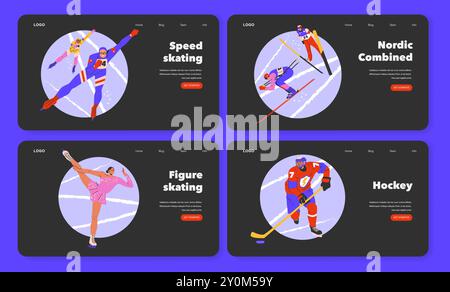 Wintersport-Set. Dynamische Illustrationen von Speed Skating, Nordic Combined, Eiskunstlauf und Hockey. Athleten in Aktion auf Eis und Schnee. Vektorabbildung. Stock Vektor