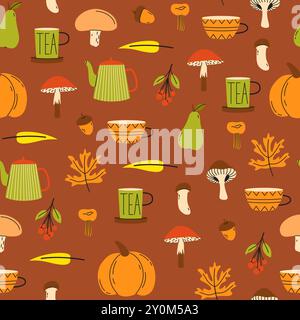Nahtloses Muster für die Herbstsaison. Herbstkuscheliges Set mit Teetassen, Blättern und Pilzen. Vektorabbildung. Stock Vektor