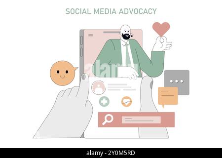 Social Media Advocacy-Konzept. Illustration eines Mannes, der auf digitalen Plattformen Liebe teilt und sich mit der Online-Community interagiert. Vektorabbildung. Stock Vektor