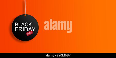 Black Friday Sale Tag. Schwarzer freitag-Hintergrund. Breites Banner, Kopierbereich. Black Friday Super Sale. Verkaufsanhänger mit Black Friday-Aufschrift auf orangem bac Stockfoto