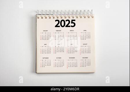 Kalender 2025 auf weißem Hintergrund. 2025 Kalenderplanung Terminbesprechungskonzept. Neujahr. Pläne für 2025. Draufsicht Stockfoto
