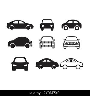 Symbole für Fahrzeugtyp und Modellobjekte festgelegt. Schwarze Vektorillustration isoliert auf weißem Hintergrund mit Schatten. Varianten der Karosseriesilhouette für Stock Vektor