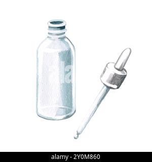 Transparente leere Kosmetikflasche mit Pipette in Aquarellfarbe. Isolierte Illustration im realistischen Stil für die Gestaltung von Kosmetik, Ölen, medizinischen Colleges Stockfoto