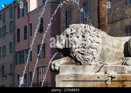 Ajaccio, Korsika - 11. Oktober 2019: Löwenbrunnen aus Stein in der historischen europäischen Stadt. Stockfoto