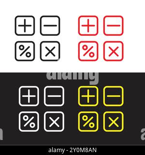 Arithmetisches Plus-, Minus-, gleich-, Multiplikations- und Dividenzeichen auf weißem Hintergrund mit Schatten. Stock Vektor