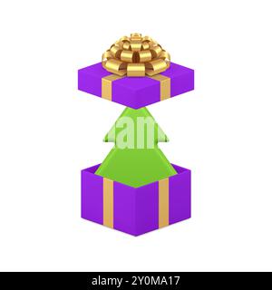 Grüner Weihnachtsbaum in offener lila Luxus-Geschenkbox 3D Icon realistische Vektor-Illustration. Winterferien Weihnachten Neujahr Überraschung Fichte minimalistisch bau Stock Vektor