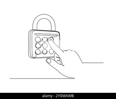 Durchgehende Linienzeichnung einer Hand, die mit einem Vorhängeschloss interagiert, mit einer kreisförmigen Schnittstelle und mehreren Tasten. Der Daumen drückt eine der Tasten o Stock Vektor