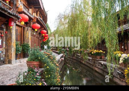 Farbenfrohe Blumen säumen einen Kanal neben einer Kopfsteinpflasterstraße in der Altstadt von Lijiang, Yunnan, China Stockfoto