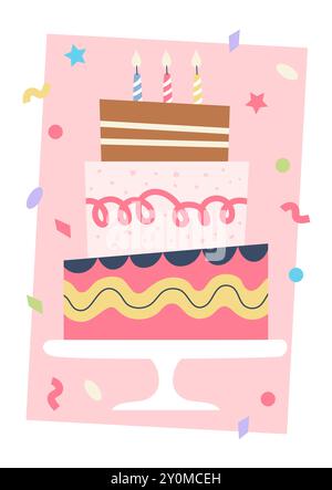 Glückwunschkarte zum Geburtstag. Niedliche bunte Partytorte mit Kerzen. Vorlage für Vektorabbildungen Stock Vektor