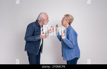 Seitenansicht des wütenden älteren Ehemanns und der Frau, die die Schuld geben und kämpfen, während sie auf weißem Hintergrund stehen Stockfoto