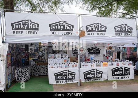 Der Stand für die Jerky Hut, die verschiedene Arten von Jerky-Produkten verkauft, insbesondere Rindfleisch Jerky. Auf der Dutchess County Fair in Rhinececk, New York. Stockfoto