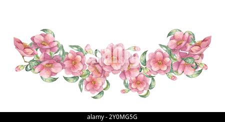 Camelia japonica Blumenband mit grünen Blättern in Aquarell. Handgezeichneter isolierter Blumenclip aus rosa blühenden Blumen, Komposition für Geschenkpapier, Tragetaschen, Hochzeitseinladungen, Schreibwaren Stockfoto