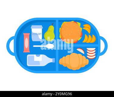 Blaues Plastiktablett mit Griffen und Mittagessen, Blick von oben auf Kantine Retter Vektor Illustration Stock Vektor
