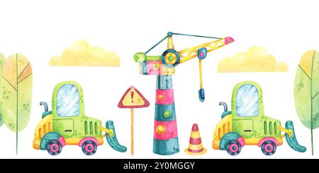 Turmkran, Bagger, keine Eintrittsschilder, Bäume und Wolken in Aquarellfarben. Nahtloses Clipart für die Baustelle im Cartoon-Stil. Niedliche Gabelstapler-Auto-Illustration für Kinderzimmer, Kleidung Stockfoto