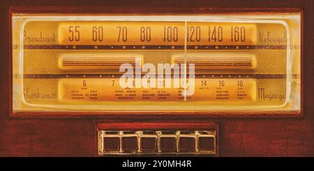 Nahaufnahme eines beleuchteten Röhrenradios aus dem frühen 20. Jahrhundert im Retro-Stil Stockfoto