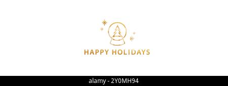 Vektorabbildung. Einfache und stilvolle Happy Holidays-Begrüßung in Gold, mit Schneekugel mit Baum und fallenden Schneeflocken auf weißem Hintergrund. Stock Vektor