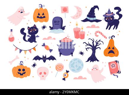 Set mit niedlichen Halloween-Elementen. Kürbisse, gruselige schwarze Katzen, Geister. Vektorabbildung in abgewickelter Form Stock Vektor