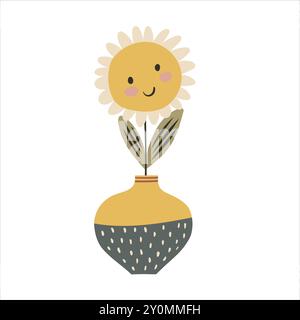 Niedliche Babyblume in Vase im Kawaii-Cartoon-Stil. Hand gezeichnete Vektor-Kritzelei kindliche Illustration. Isolierte einfache Zeichnung für kinderfreundliche Grafiken und Stock Vektor