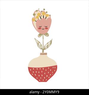 Niedliche Babyblume in Vase im Kawaii-Cartoon-Stil. Hand gezeichnete Vektor-Kritzelei kindliche Illustration. Isolierte einfache Zeichnung für kinderfreundliche Grafiken und Stock Vektor