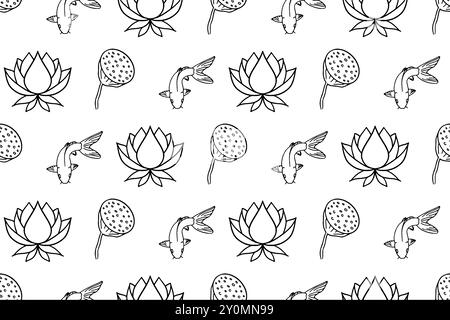 Chinesische Karpfen Koi Lotus nahtlose Musterlinie Kunst Vektor Illustration Stock Vektor