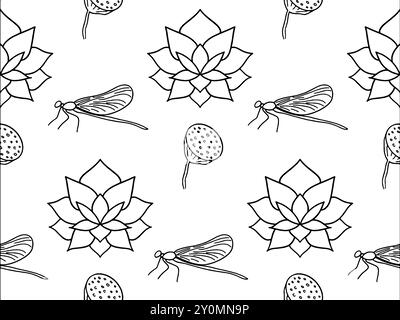 Nahtloses Vektor-Muster mit Hand gezeichneten blühenden Lotusblüten und -Blättern, Libelle. Traditionelles orientalisches Muster. Ideal für Textilien. Stock Vektor