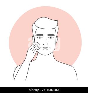 Vektorlinien-Kunstillustration eines Mannes mit Augenflecken, Teil einer Hautpflegeroutine. Stock Vektor