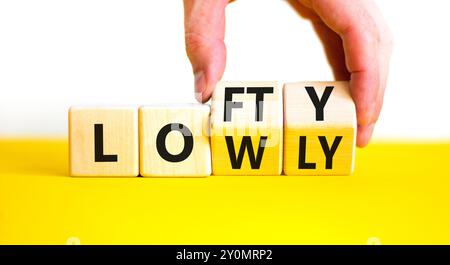Symbol „hoch“ oder „niedrig“. Concept Words Lofty niedrig auf Holzblock. Schöner gelber Tisch mit weißem Hintergrund. Geschäftsmann Hand. Geschäftlich hoch oder niedrig c Stockfoto