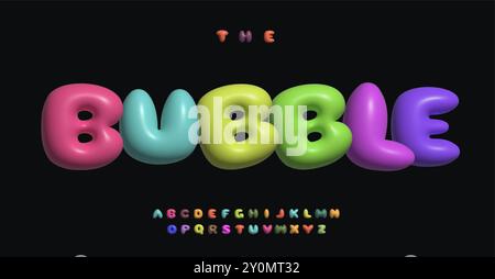 3D-Luftpolsteralphabet, regenbogenfarbene aufgeblähte, pralle Buchstaben, weiches sphärisches typografisches Design. Farbenfrohe 3D-Typografie für Kinderparty-Logo Stock Vektor