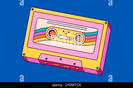 Retro-Kawaii mit niedlicher Gesichtskassette für tragbaren Musik-Player. Stock Vektor