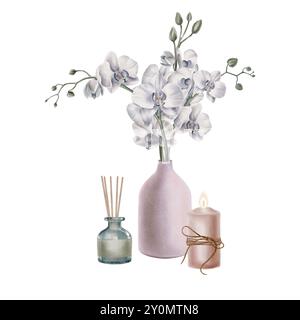 Brennende Kerze mit Seil und Zweigen tropischer weißer Orchideenblüten mit Knospen in dekorativer Innenseite matte Vase rosa-grauer Farbe, Aroma-Diffusor für Stockfoto