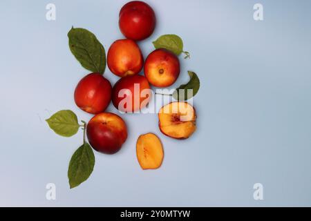 Reife rote Nektarinen auf blauem Hintergrund mit Blättern. Fresh-Konzept. Stockfoto