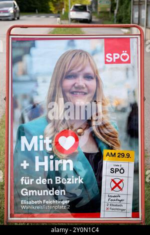 Wahlplakat zur Nationalratswahl, 29 Uhr. September 2024 in Österreich. Das Bild zeigt ein Plakat der Sozialistischen parte Österreichs SPÖ für den Bezirk Gmunden in Oberösterreich, mit der Nationalratsabgeordenten Elisabeth Feichtinger. Das Bild war am 02.09.2024 im Raum Gmunden, Oberösterreich fotografiert 2024 - Wahlplakat zur Nationalratswahl, am 29. September 2024 in Österreich. Das Bild zeigt ein Plakat der, am 02.09.2024. *** Wahlplakat zur Nationalratswahl am 29. September 2024 in Österreich das Bild zeigt ein Poster der Sozialistischen Partei Österreichs SPÖ für die DDR Stockfoto