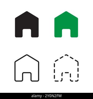 Haus-Symbolgruppe. Einfache Home-Symbole. Schwarze, grüne, konturierte und gestrichelte Stile. Vektorabbildung. Stock Vektor