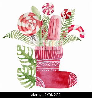 Weihnachtszwerge Santa Claus Helfer Winter Wasserkoor Zeichnungen Set mit Weihnachtssocken und Geschenken. Festliche Neujahrskollektion mit traditioneller Dekoration Stock Vektor