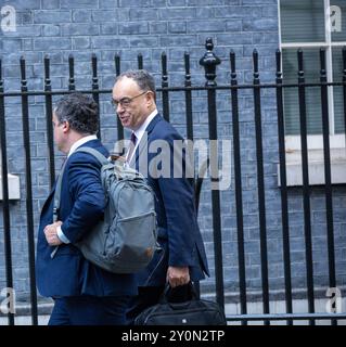 London, Großbritannien. September 2024. Die Business Chiefs treffen sich mit Angela Rayner, Levelling Up Secretary, und Jonathan Reynolds, Business Secretary, über Bedenken bezüglich des Pakets „Arbeiterrechte“ in der Downing Street London, dem britischen Gouverneur der Bank of England, Andrew Bailey, (rechts) Credit: Ian Davidson/Alamy Live News Stockfoto