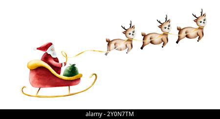 Weihnachtsmann fährt im roten Schlitten mit Geschenktüte. Niedliches lächelndes Hirsch, Rentier, weihnachtliches Kitzel, handgemalte Aquarellillustration isoliert auf der Rückseite Stockfoto