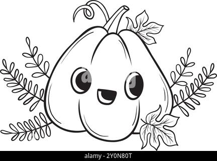 Outline Cartoon Herbst süßer Kürbis Jack o Laterne mit Herbstlaub. Linienzeichnung, Malbuch. Vektorabbildung. Kinderkollektion. Stock Vektor