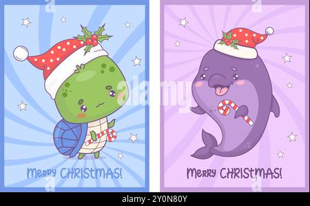 Frohe Weihnachtskarten. Süße kleine Schildkröte und Delfin in Santa Hut mit gestreiftem Karamellstab. Vertikales, grooviges Poster mit lustigem Cartoon Kawaii Stock Vektor