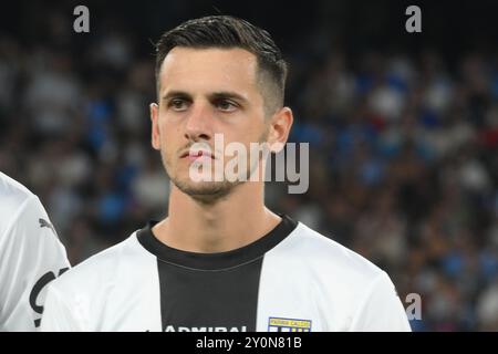 Emanuele Valeri von Parma Calcio sieht beim Spiel der Serie A Enelive zwischen SSC Napoli und Parma Calcio am 31,2024. August in Neapel, Italien, im Diego Armando Maradona Stadium aus. (Foto: Agostino Gemito/Pacific Press/SIPA USA) Stockfoto