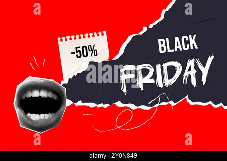Black Friday Collage, Frauenmund, Poster und leerer Platz für Text auf einem Stück Papier. Vektor Stock Vektor