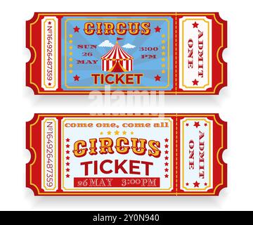 Zwei alte Karten für den Zirkus. Zirkuszelt, Sterne und dekorativer Text. Retro-Design mit Datum, Uhrzeit und Ticketnummer im klassischen Stil. Für den Einsatz im Auto Stock Vektor