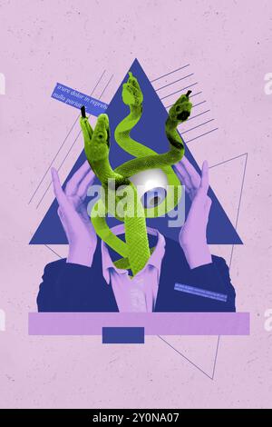 Composite Trend Artwork 3D Skizzenbild Foto Collage von kopflosen Mann Schlangentier erscheinen Kleidung Auge Ball Fokus Überwachung Discovery Uhr Stockfoto